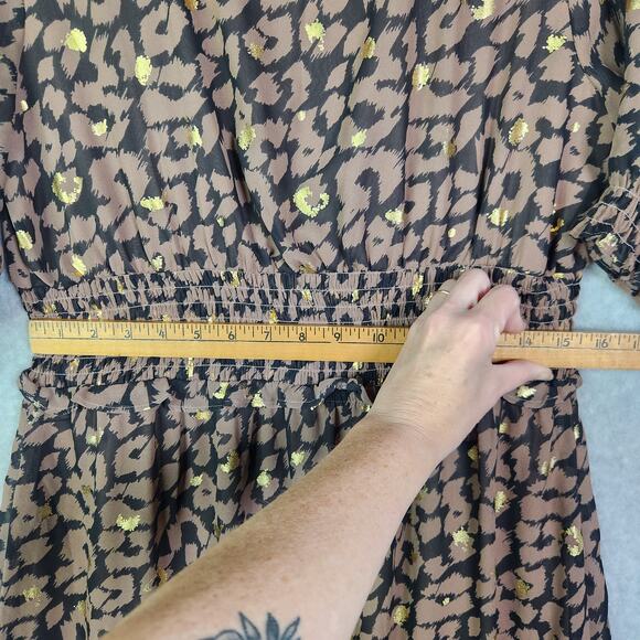 Express Smocked Waist Hi-Lo Cheetah Dress L Ruffles V Neck Wedding Guest Chiffon - Picture 14 of 16